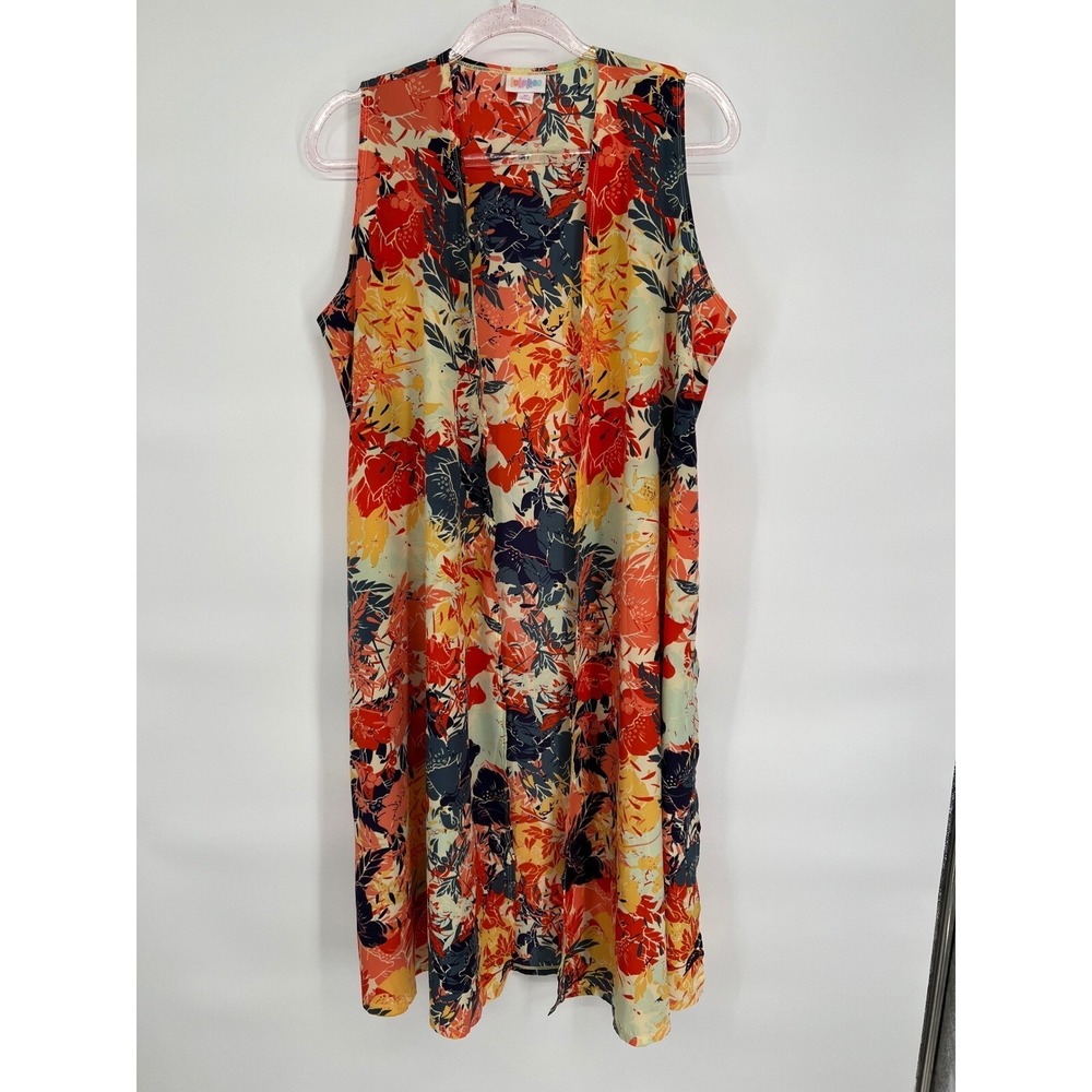 LuLaRoe Long Duster Vest Floral Sleeveless Yellow‎ Orange Casual Summer Medium